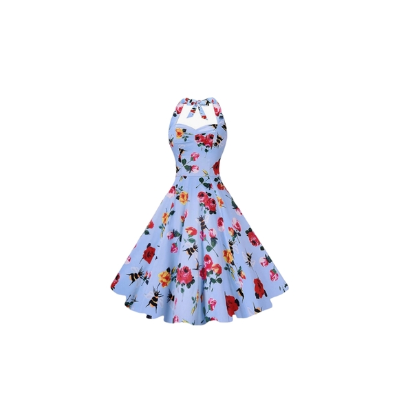 ANNI COCO HALTER 1950S FLORAL BEE PRINT ROCKABILLY COCKTAIL SWING DRESS SIZE S - Picture 13 of 16